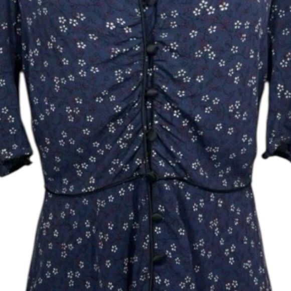 Veronica Beard Hayden Navy with Dainty Flowers Satin Piping Blouse Size 0 - Picture 8 of 9